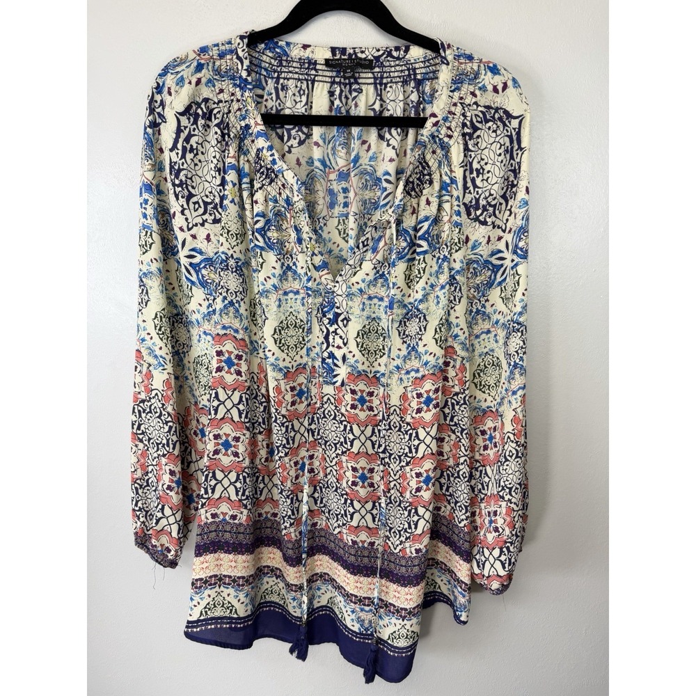 Signature Studio Plus Size Boho Multiprint Blouse W‎ Tassels Size 1X